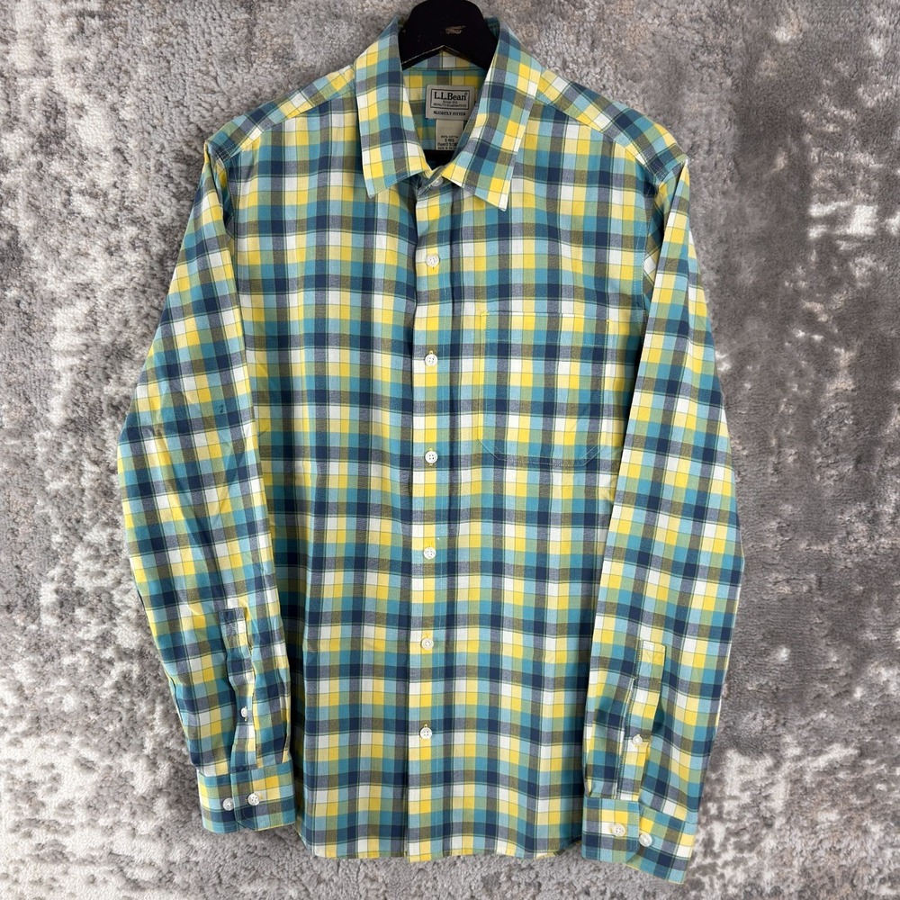 LL Bean Size S Slightly Fitted Plaid Casual Button Shirt Yellow Blue Long Sleeve